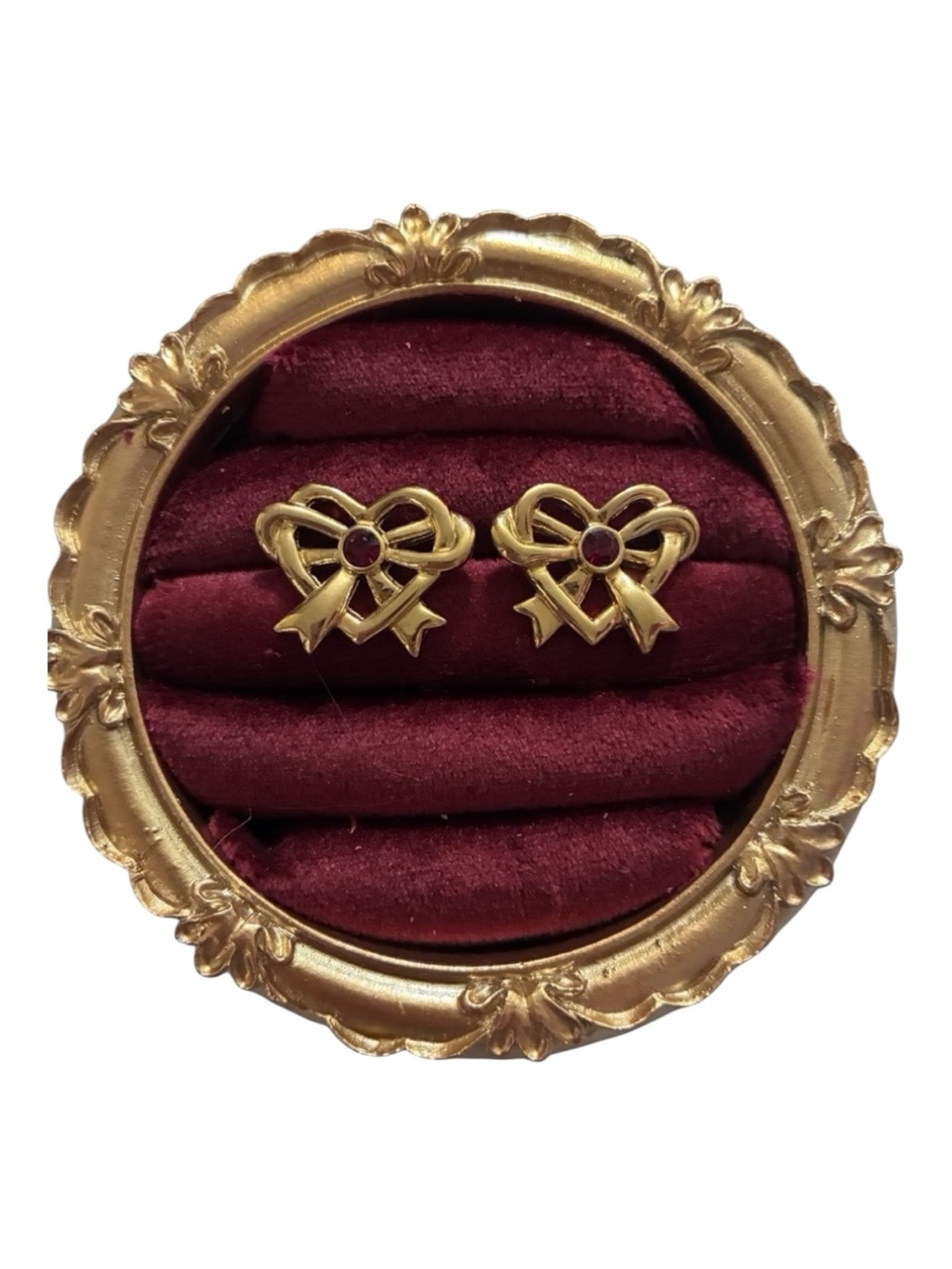 D’Orlan Gold Heart Bow Ruby Rhinestone Accented Earrings